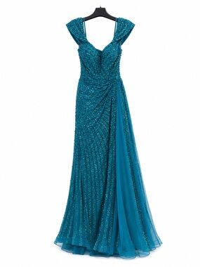Catwalk 40287 Teal Beaded Cap-Sleeve Evening Gown